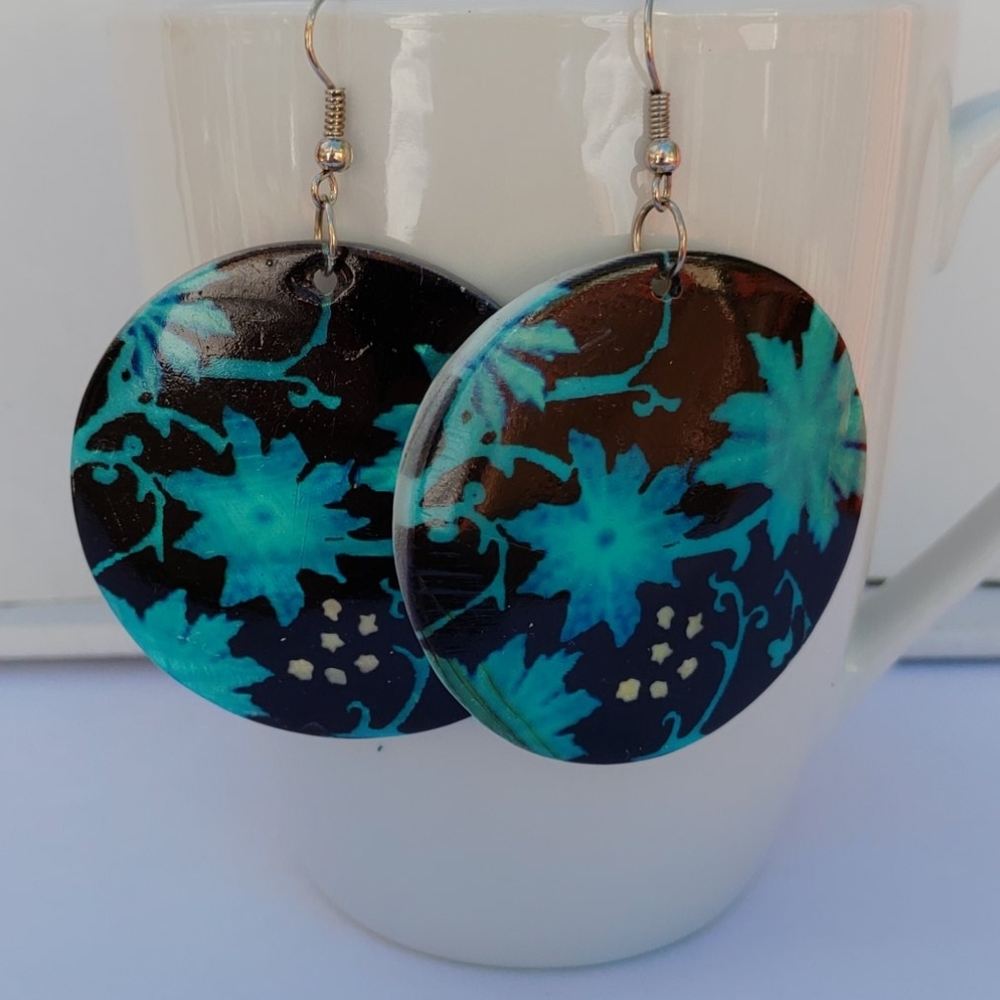 2/$10 or 4/$15 Round Drop Earrings Black Blue Floral